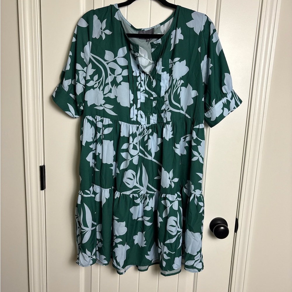 Floral Tiered Tunic Top/Dress - Green/White